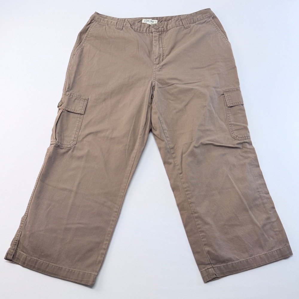 Cherokee Brown Cotton Cargo Crop Pants Wide Leg Utility Capris Womens 14